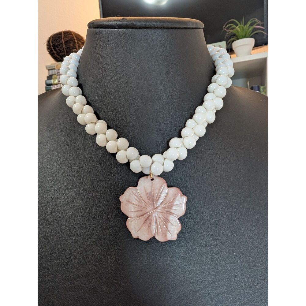 Hand Carved Oyster Shell Flower Pendant Necklace • Upcycled Statement Piece